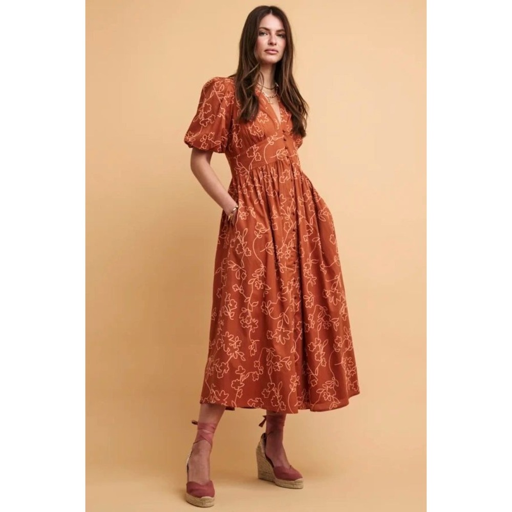 Nobody's Child Starlight Embroidered Floral Cotton Midi Dress Brown Size 6